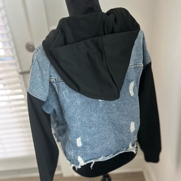 Highway Jeans Distressed Denim Jacket with Black Hood and Sleeves Distressed - Picture 5 of 10